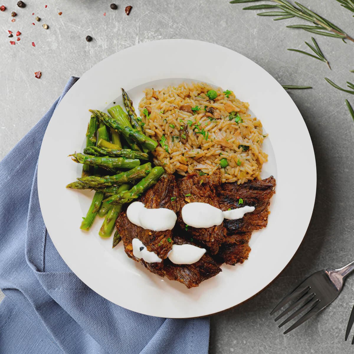 Steak Tips with Mushroom Pea Jasmine Rice & Asparagus