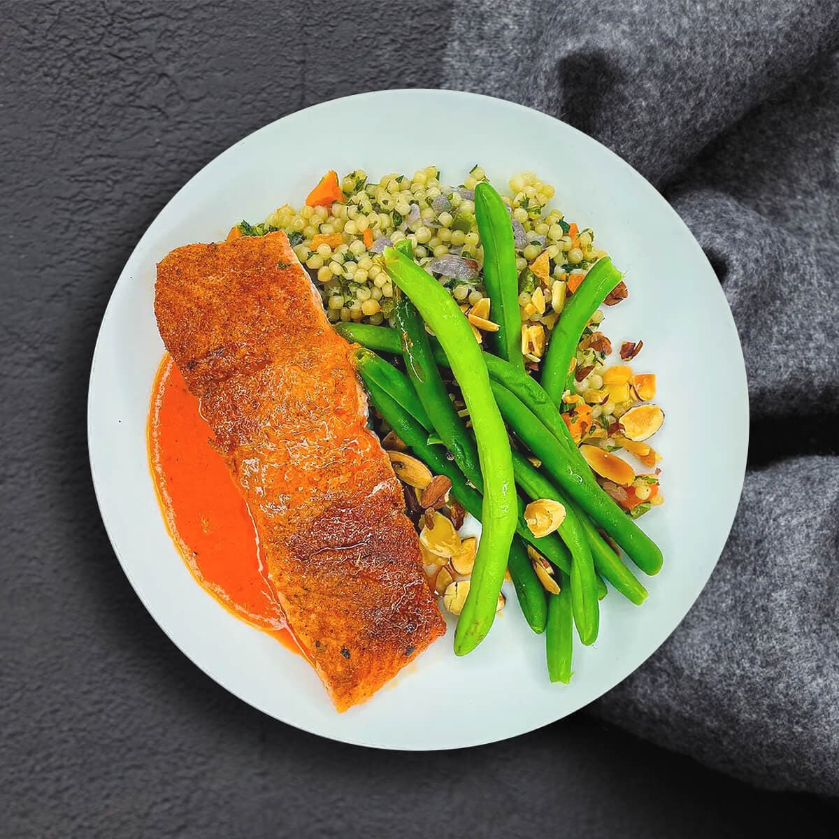 Roasted Salmon with Couscous & Green Bean Almondine