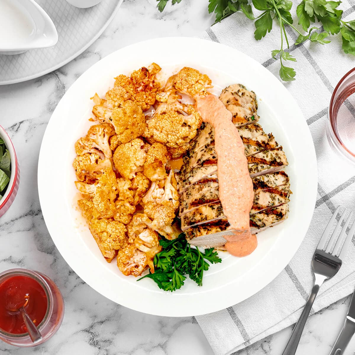 Grilled Chicken with Roasted Cauliflower & Red Pepper Sauce