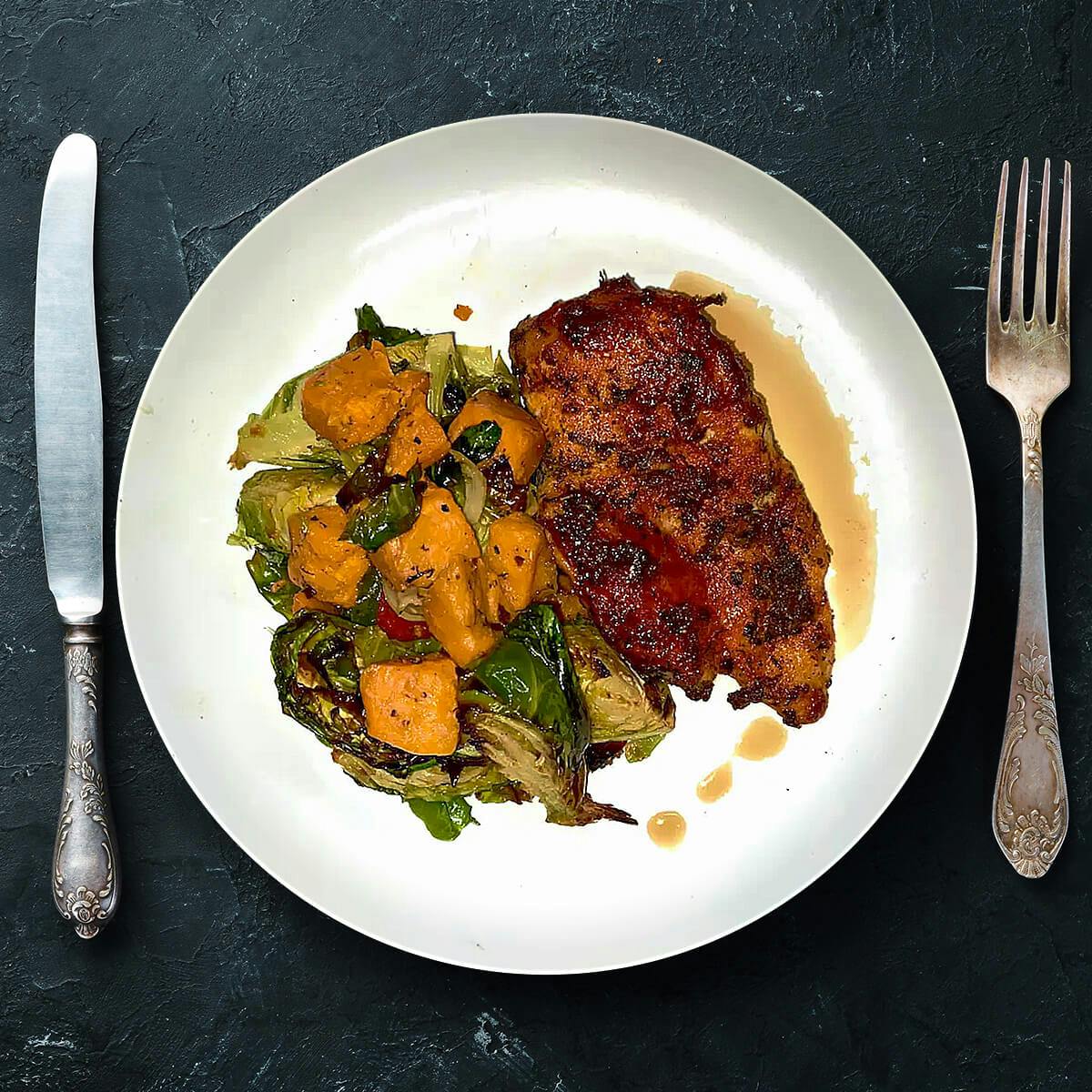 Maple Bourbon Chicken with Brussels and Sweet Potatoes