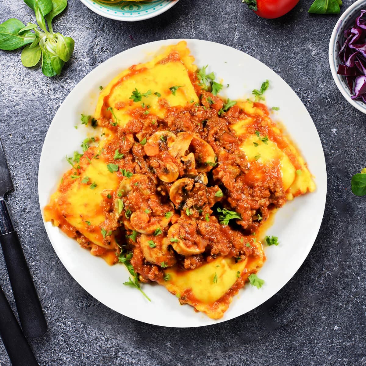 Turkey Bolognese over Cheese Ravioli