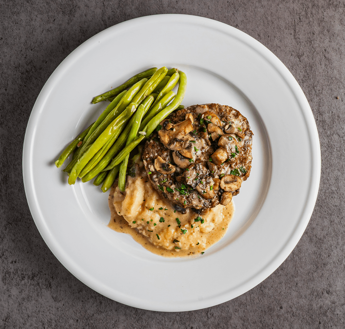 Salisbury Burger over Mashed Potatoes
